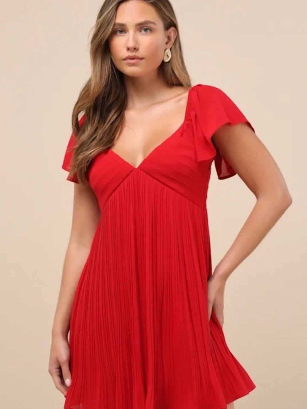 Lulu's Scarlet V-Neck Pleated Mini Dress